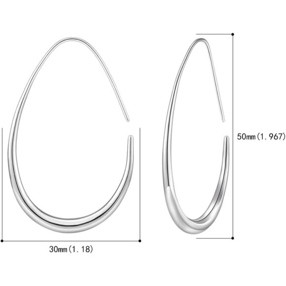 Sliver Lightweight Teardrop Large Oval Pull Through Hoop Earrings for Women - Picture 2 of 6